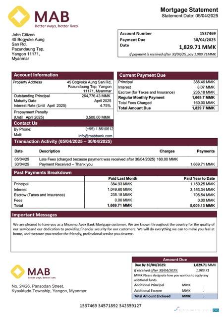 Download Myanma Apex Bank mortgage statement Word and PDF template Photoshop template
